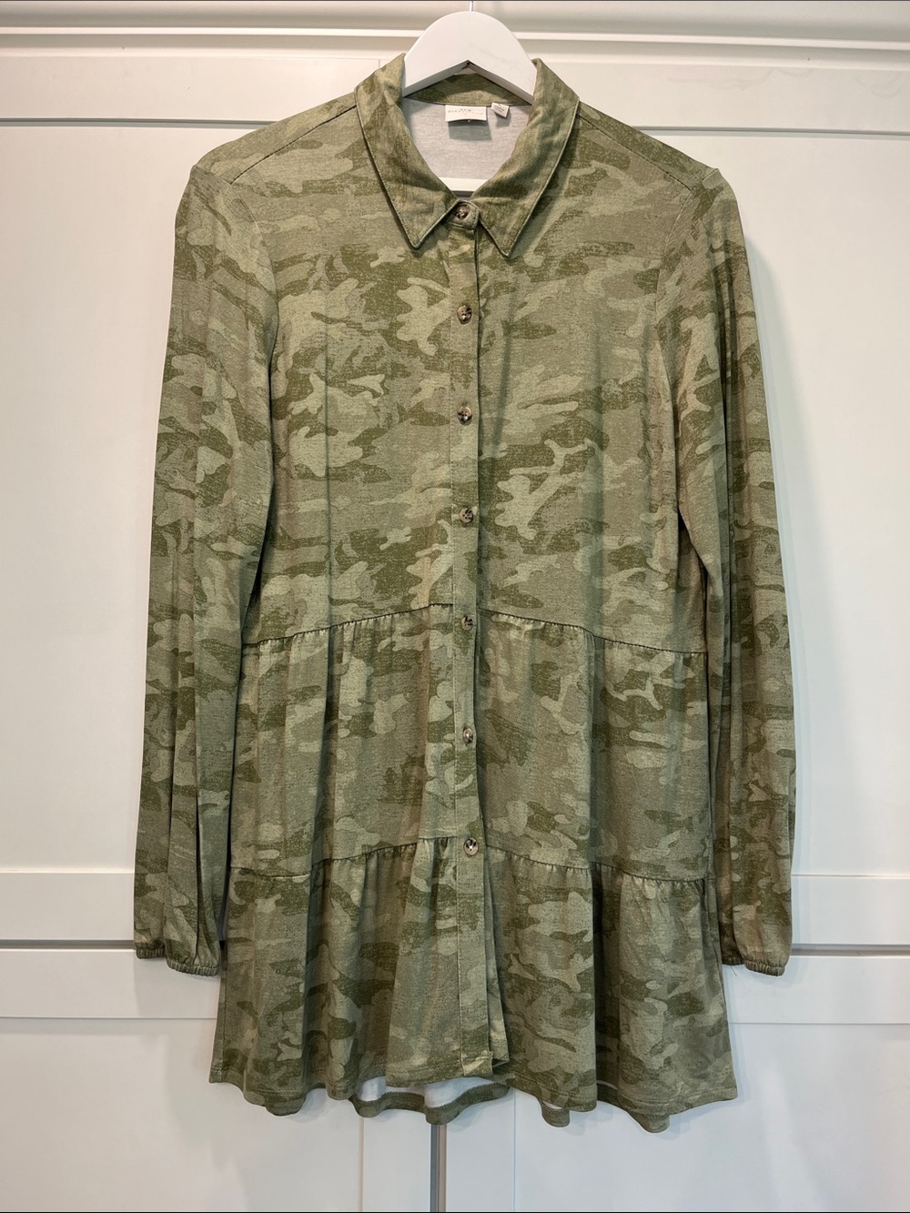 New Directions 95% Viscose Green Camo Midi Dress